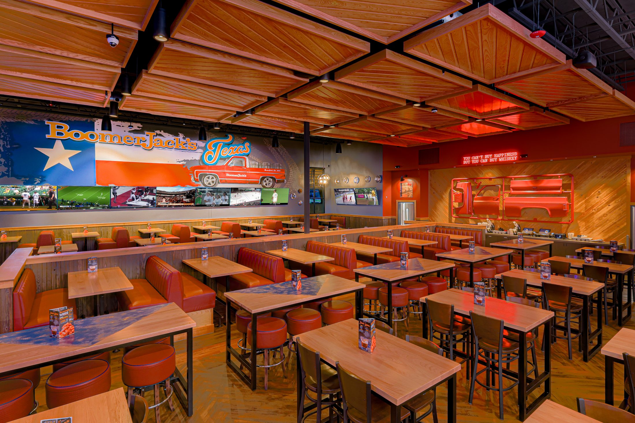 Texas flag mural dining floor — BoomerJack's Mansfield